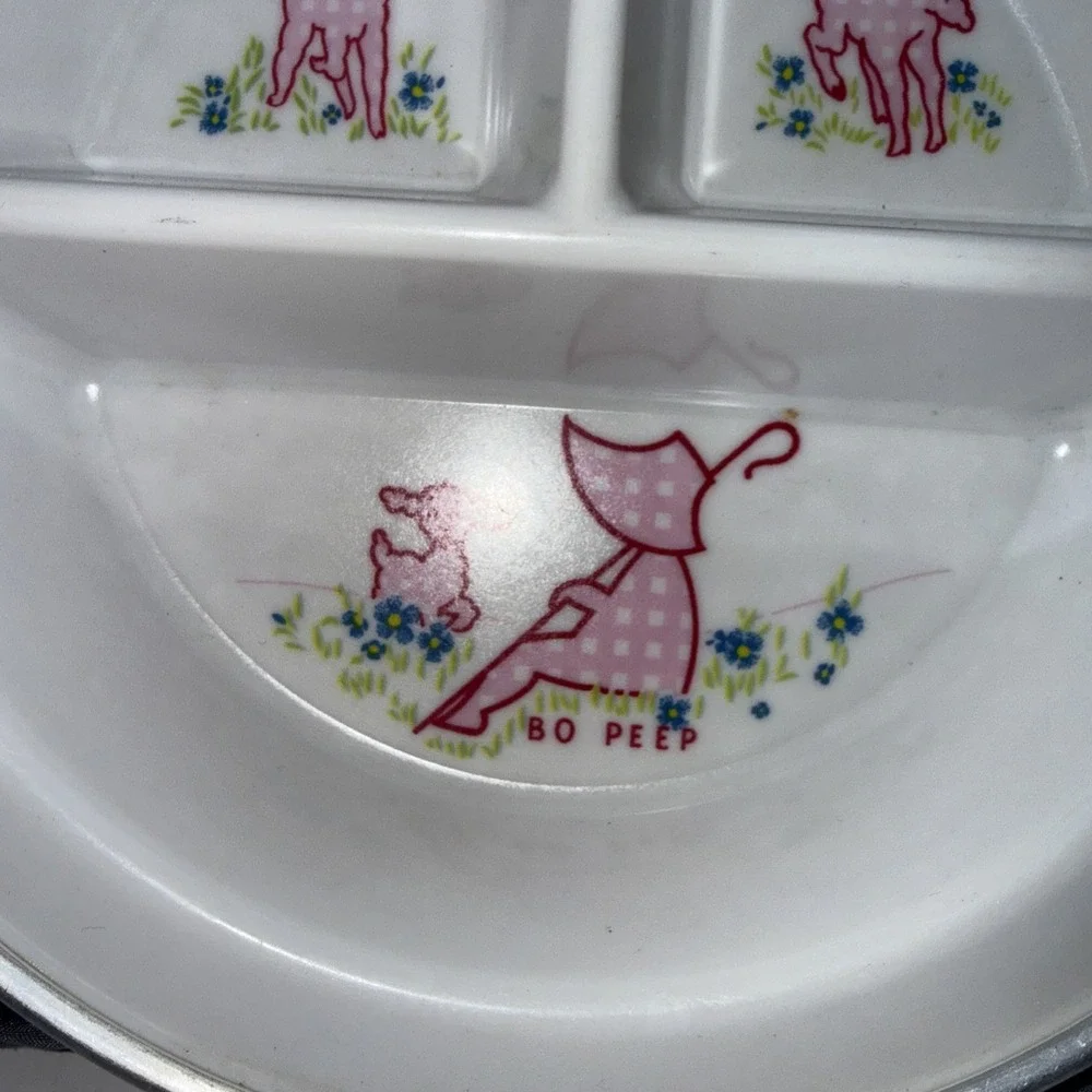 Vintage Pink Divided Dish Baby Warmer Warming Food Plate Handles Lamb Bo Peep
